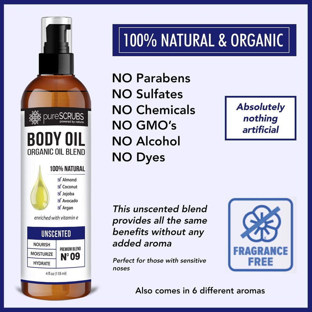 pureSCRUBS Ultra Moisturizing Unscented Body Oil Spray – Organic Jojoba, Argan & Coconut Blend, 4oz
