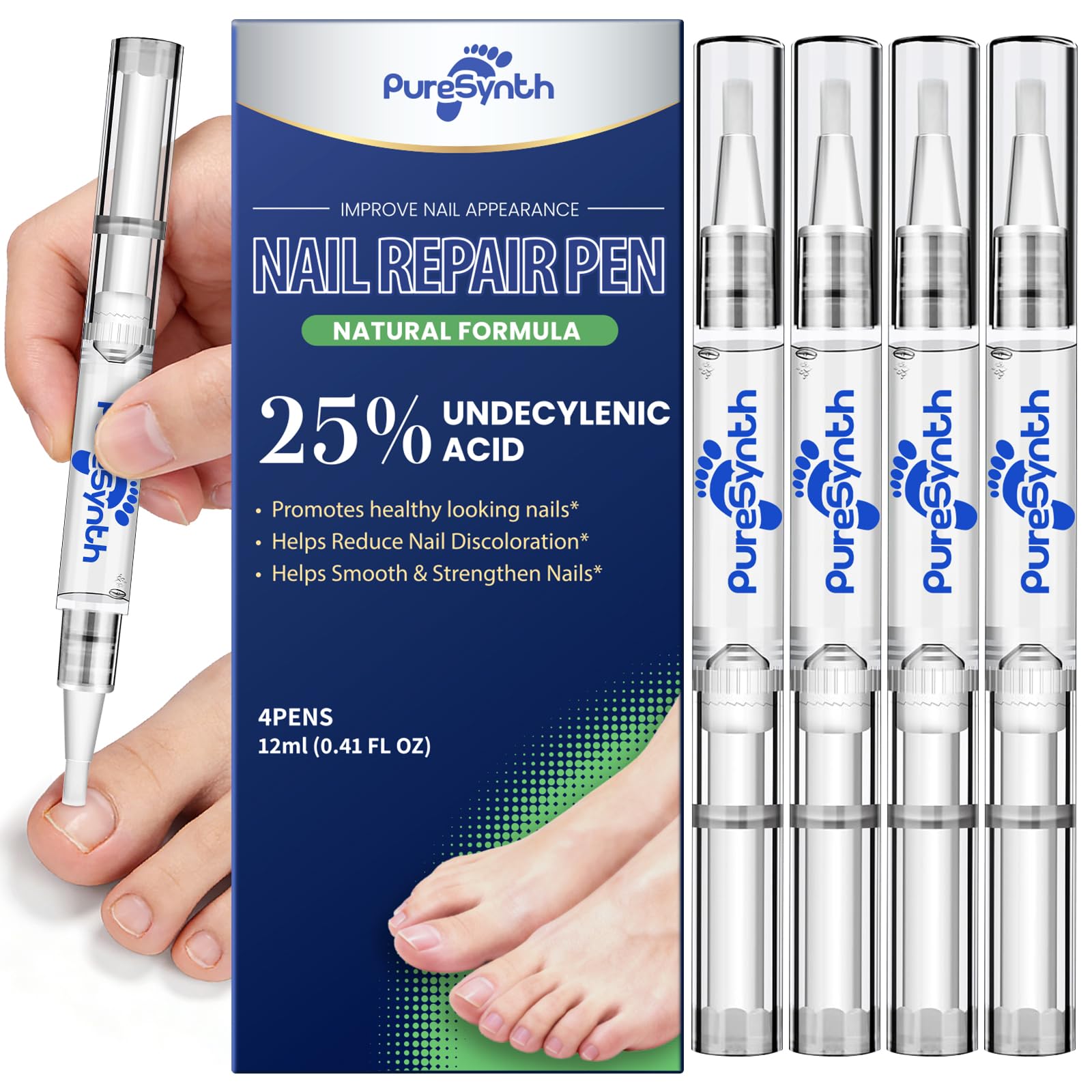 PureSynth Extra Strength Nail Repair Pen – 25% Undecylenic Acid + Aloe & Vitamin E – 4-Pack (12 mL total) – Designed in USA