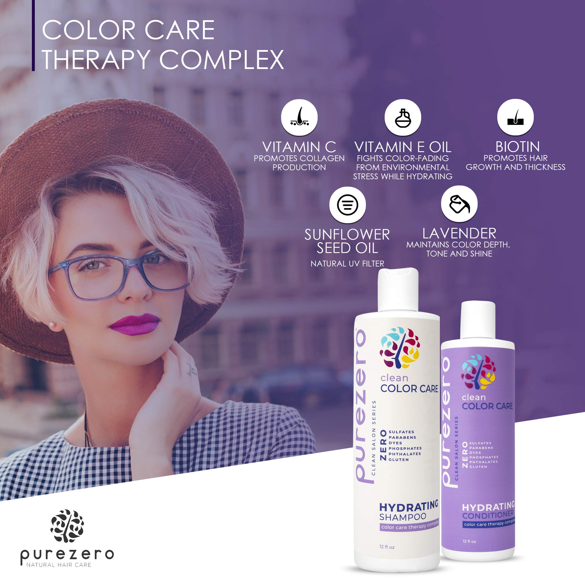 Purezero Clean Color Care Hydrating Shampoo & Conditioner Set | Color Safe, Sulfate-Free