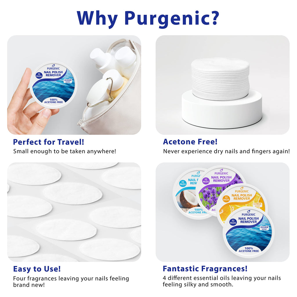 Purgenic Nail Polish Remover Pads – 256 Count, All-Natural, Acetone- and Acetate-Free, On-the-Go & Travel, Lint-Free Wipes
