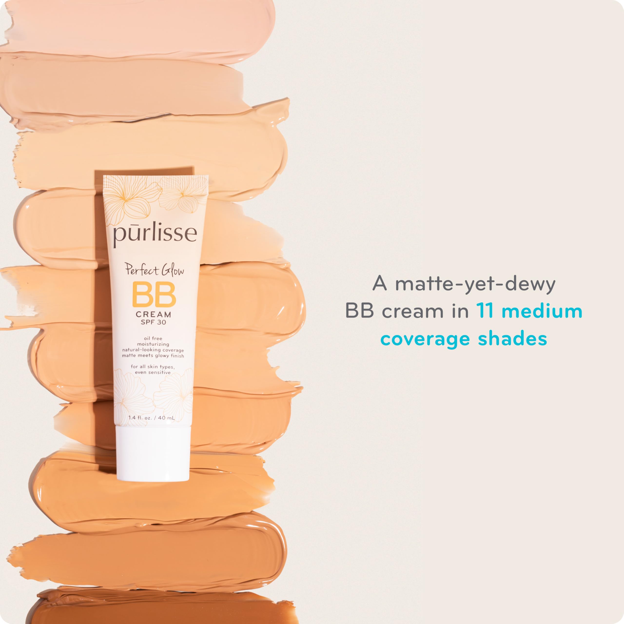 pūrlisse Perfect Glow BB Cream SPF 30 | Matte to Dewy Finish, Goji & Hawthorn Berry | Light Warm 1.4 oz