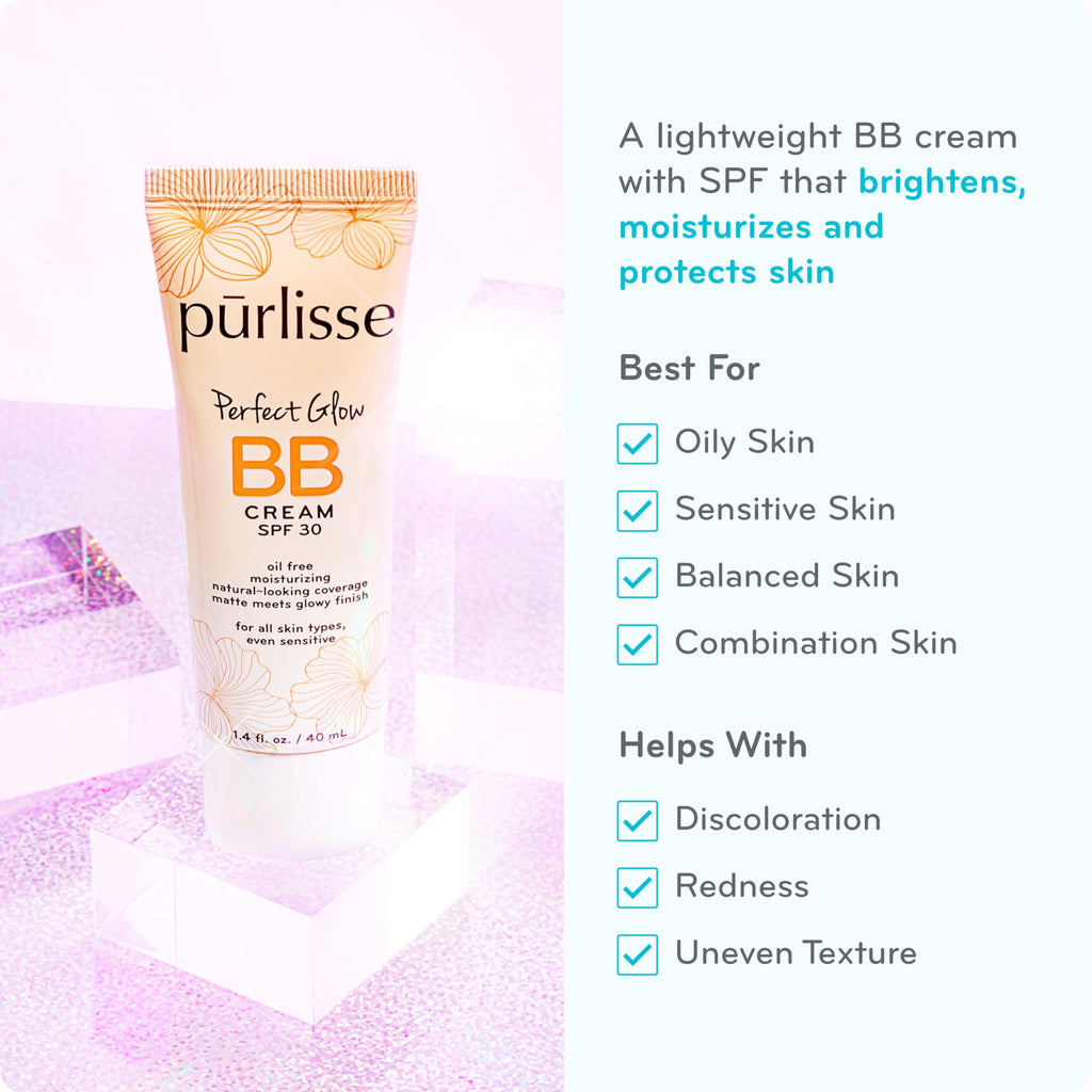 pūrlisse Perfect Glow BB Cream SPF 30 – Matte to Dewy Finish, Goji & Hawthorn Berry, Medium Tan, 1.4 oz