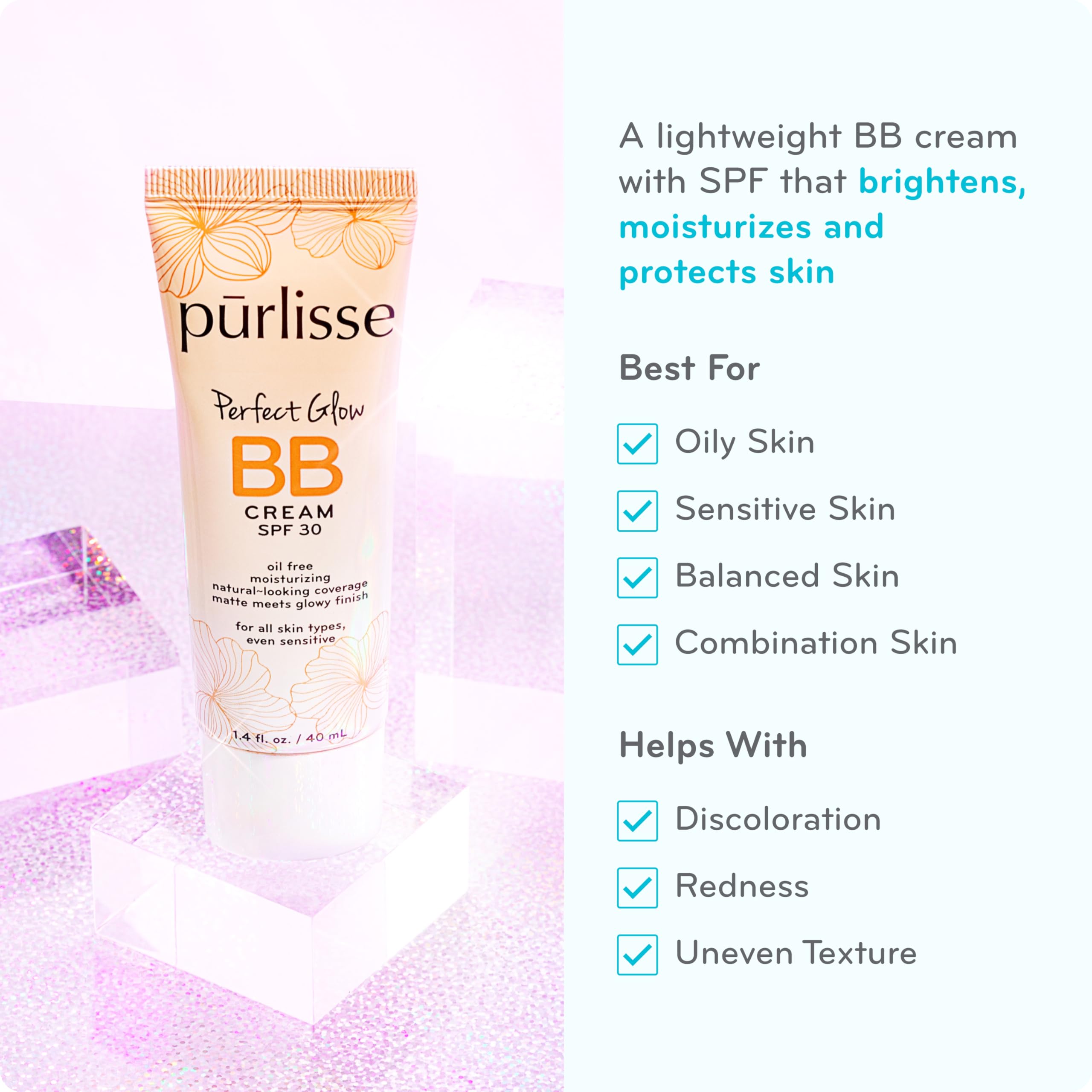 pūrlisse Perfect Glow BB Cream SPF 30 | Matte to Dewy Finish, Goji & Hawthorn Berry | Light Warm 1.4 oz
