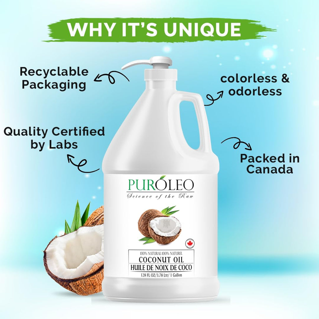 PURÓLEO Fractionated Coconut Oil 128oz (3784 ml) – Odorless Carrier Oil for Skin, Hair & Massage