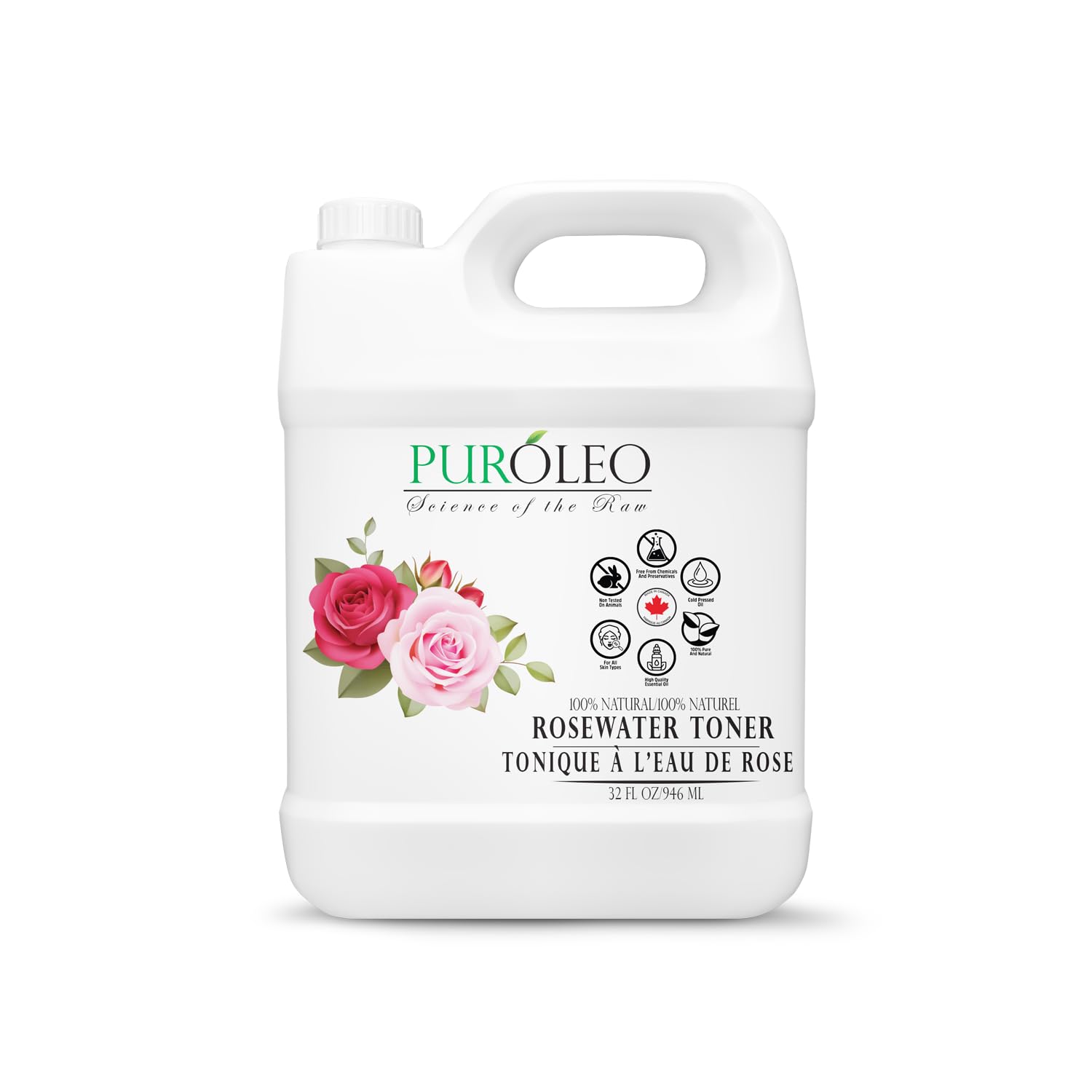 PURÓLEO Rose Water 32oz / 946ml – Pure & Natural Facial Mist, Toner, and Makeup Setting Spray | Packed in Canada