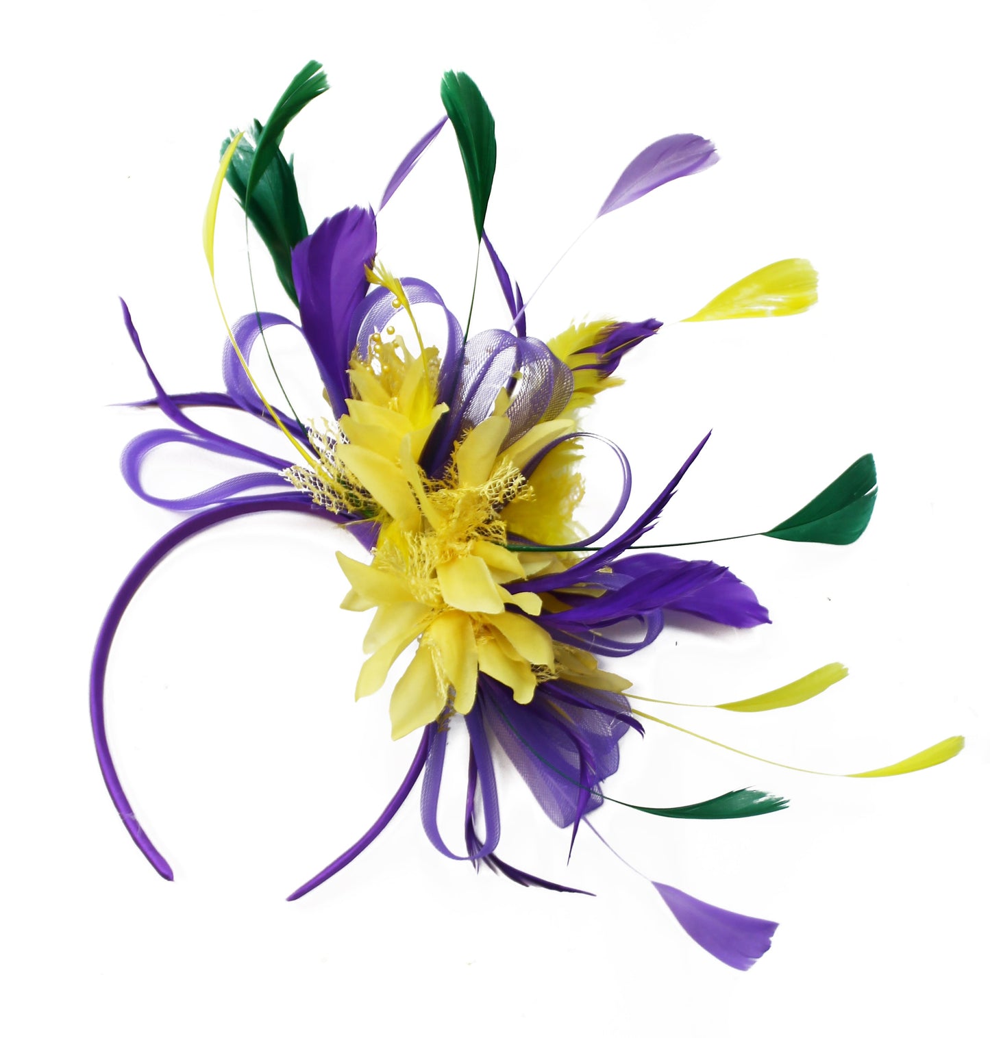 Purple Pale Lemon Yellow and Green Fascinator Hoopmix on Headband