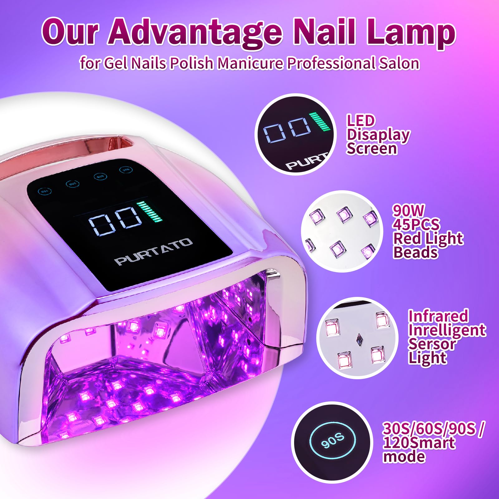 Purtato Professional Rechargeable 96W UV LED Nail Lamp – Cordless, 4 Timers, Smart Sensor, Gradient Purple