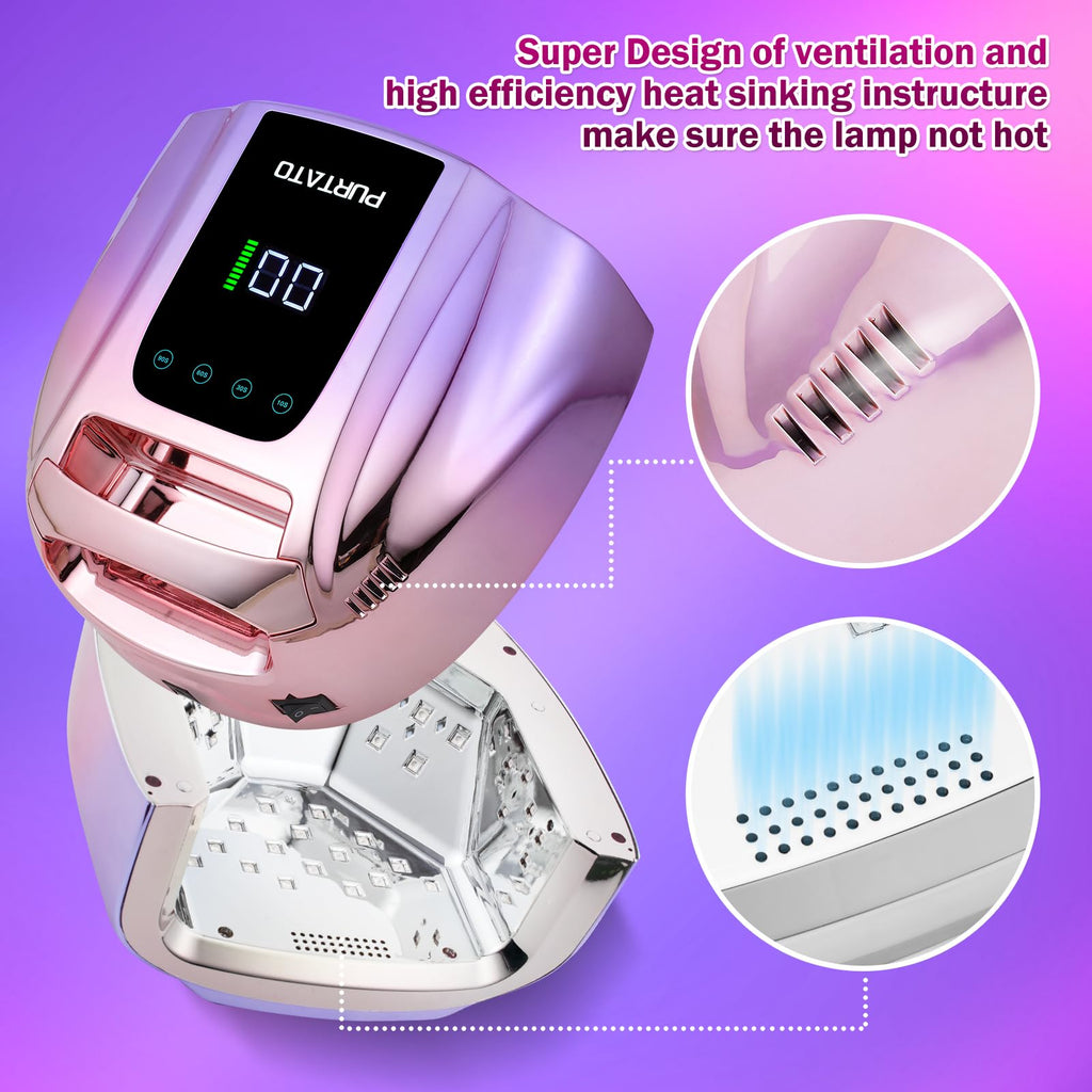 Purtato Professional Rechargeable 96W UV LED Nail Lamp – Cordless, 4 Timers, Smart Sensor, Gradient Purple