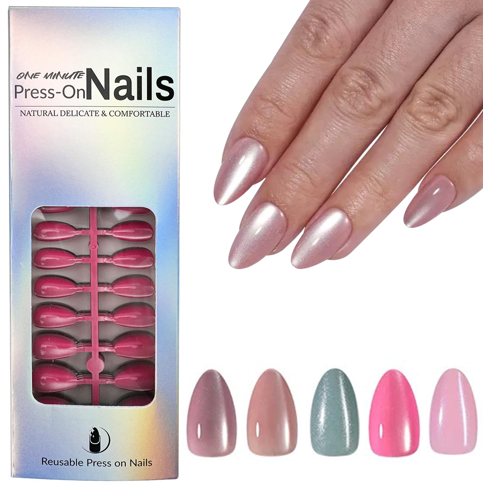 Puyokinm 150Pcs Cat Eye Press-On Nails Kit – Short Almond Shape, Glitter Finish, 15 Sizes, Glue-On Reusable Nails for Women