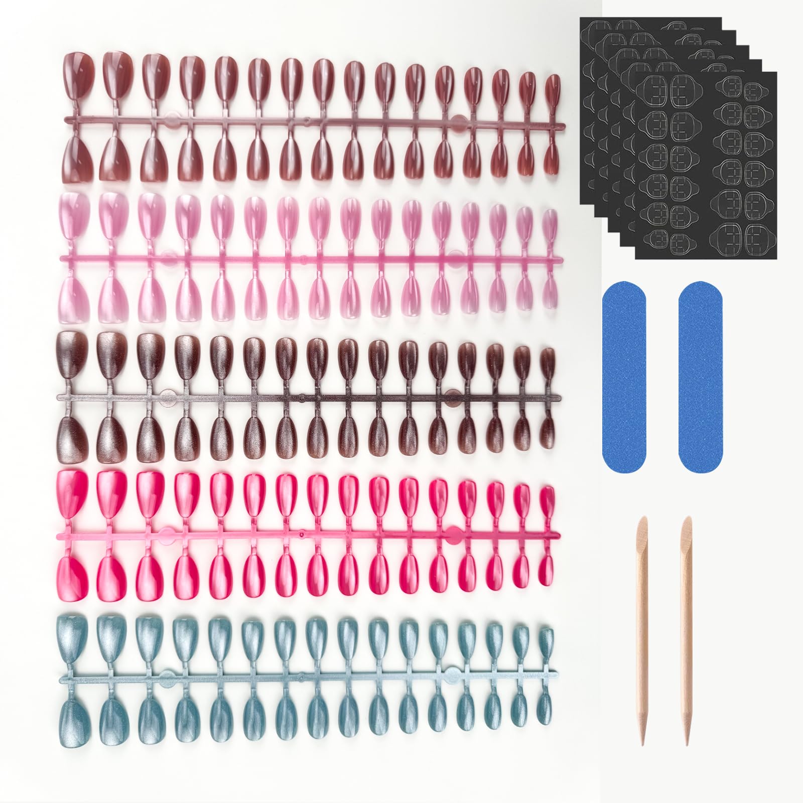 Puyokinm 150Pcs Cat Eye Press-On Nails Kit – Short Almond Shape, Glitter Finish, 15 Sizes, Glue-On Reusable Nails for Women