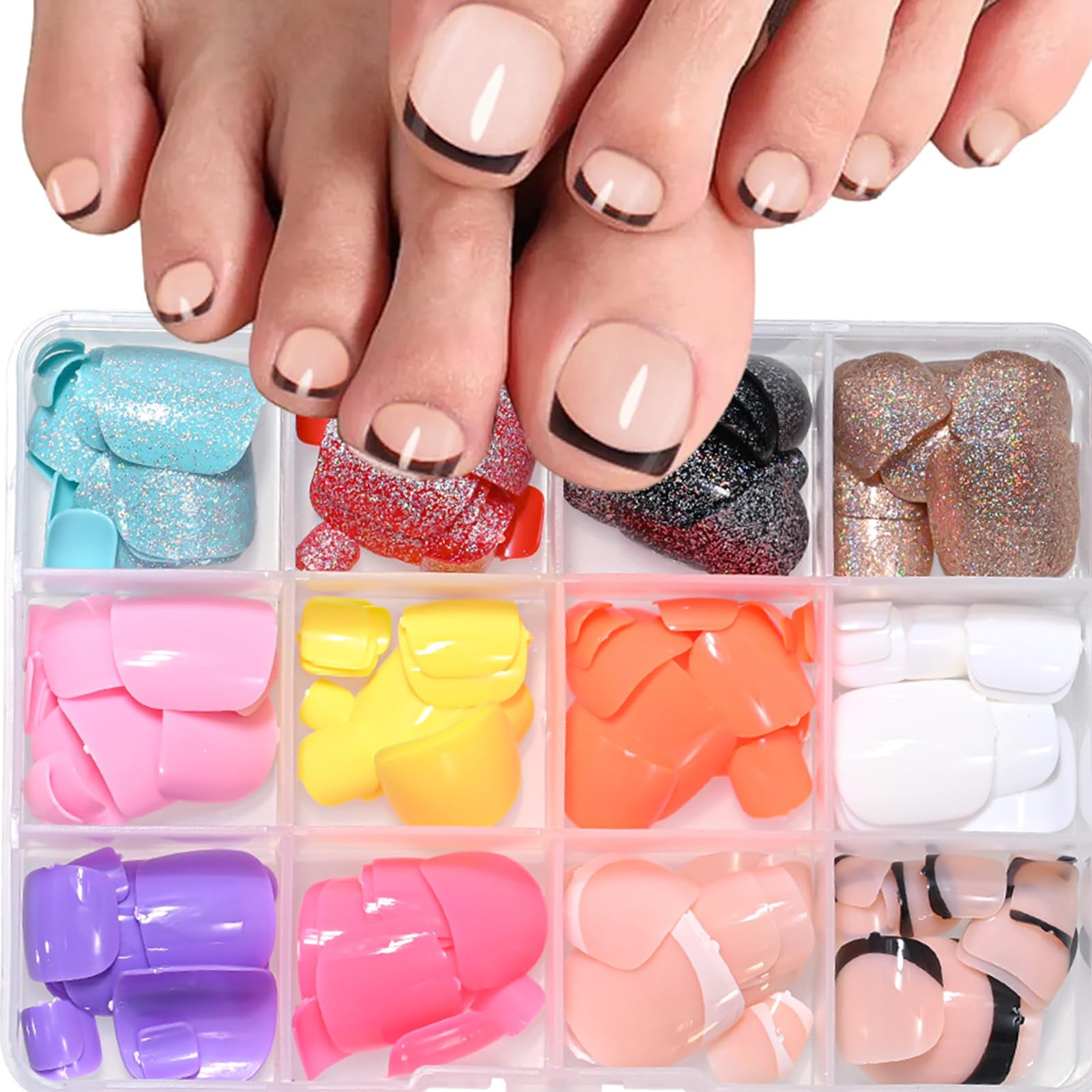 Puyokinm 288Pcs Press-On Toenails Set – 12-Color Short Glitter Glue-On Nails (Glossy Finish)