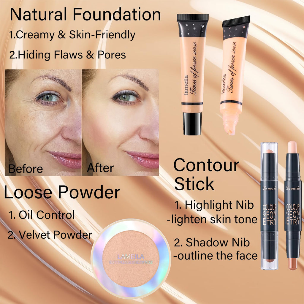 PWYSHXDF Makeup Set – 16-Color Palette, Nude Foundation & Lip Gloss Kit for Beginners & Pros