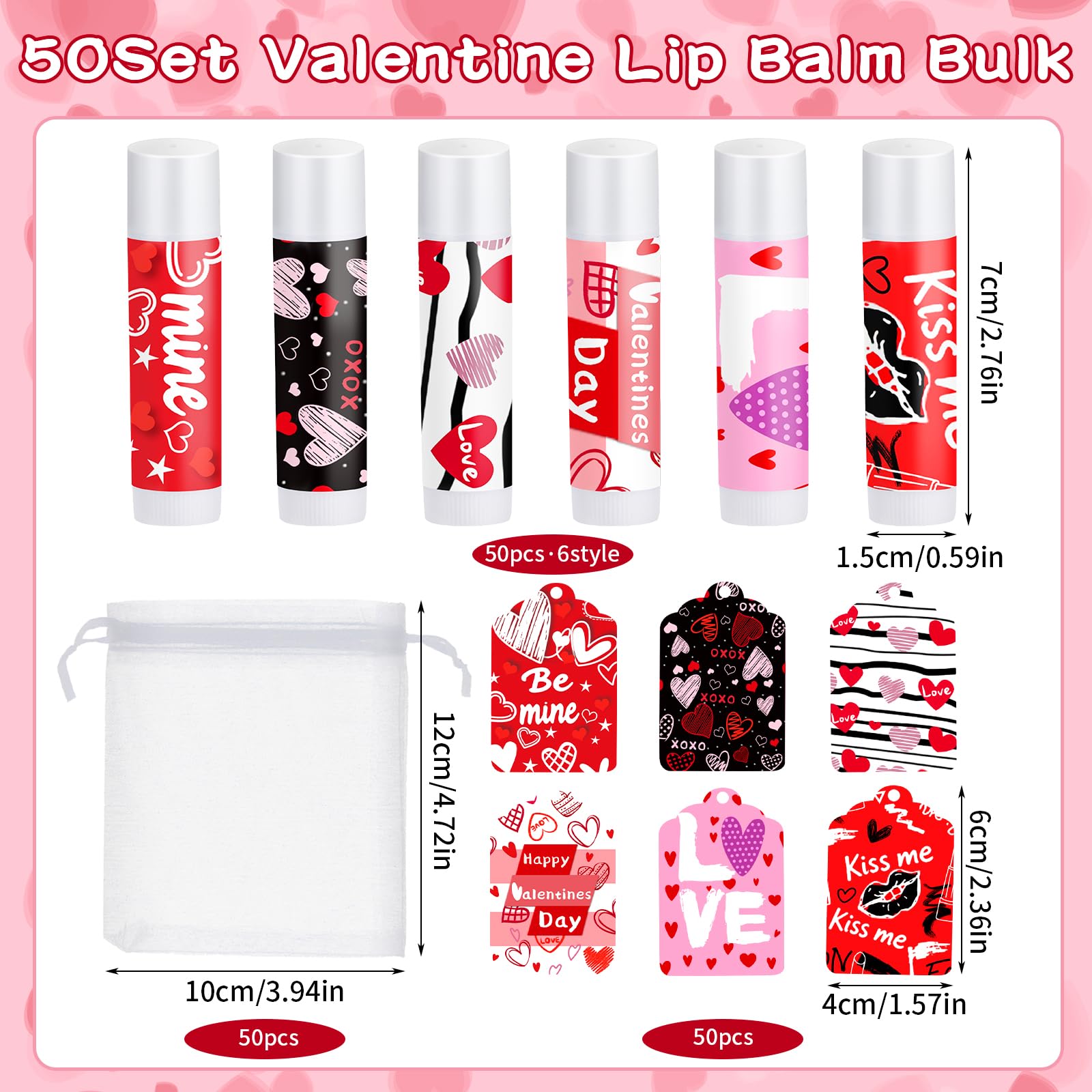 QAUYETM 50-Count Valentines Lip Balm Gift Set with Organza Bags & Cards – 6 Flavors