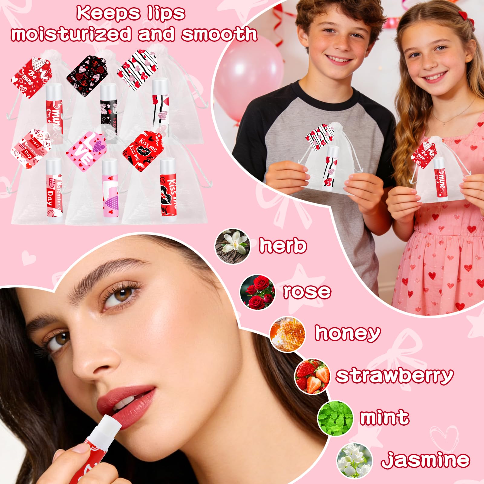 QAUYETM 50-Count Valentines Lip Balm Gift Set with Organza Bags & Cards – 6 Flavors