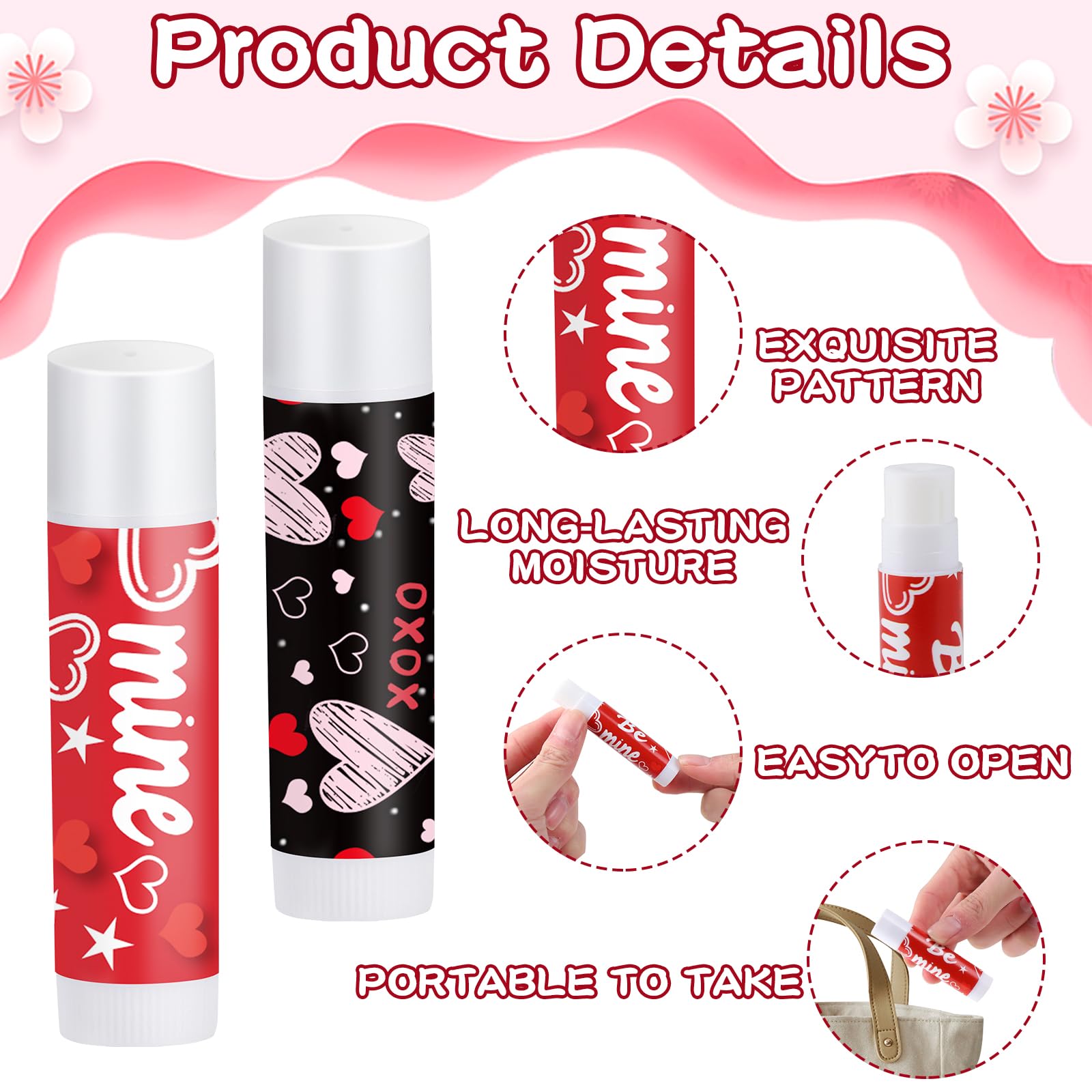 QAUYETM 50-Count Valentines Lip Balm Gift Set with Organza Bags & Cards – 6 Flavors