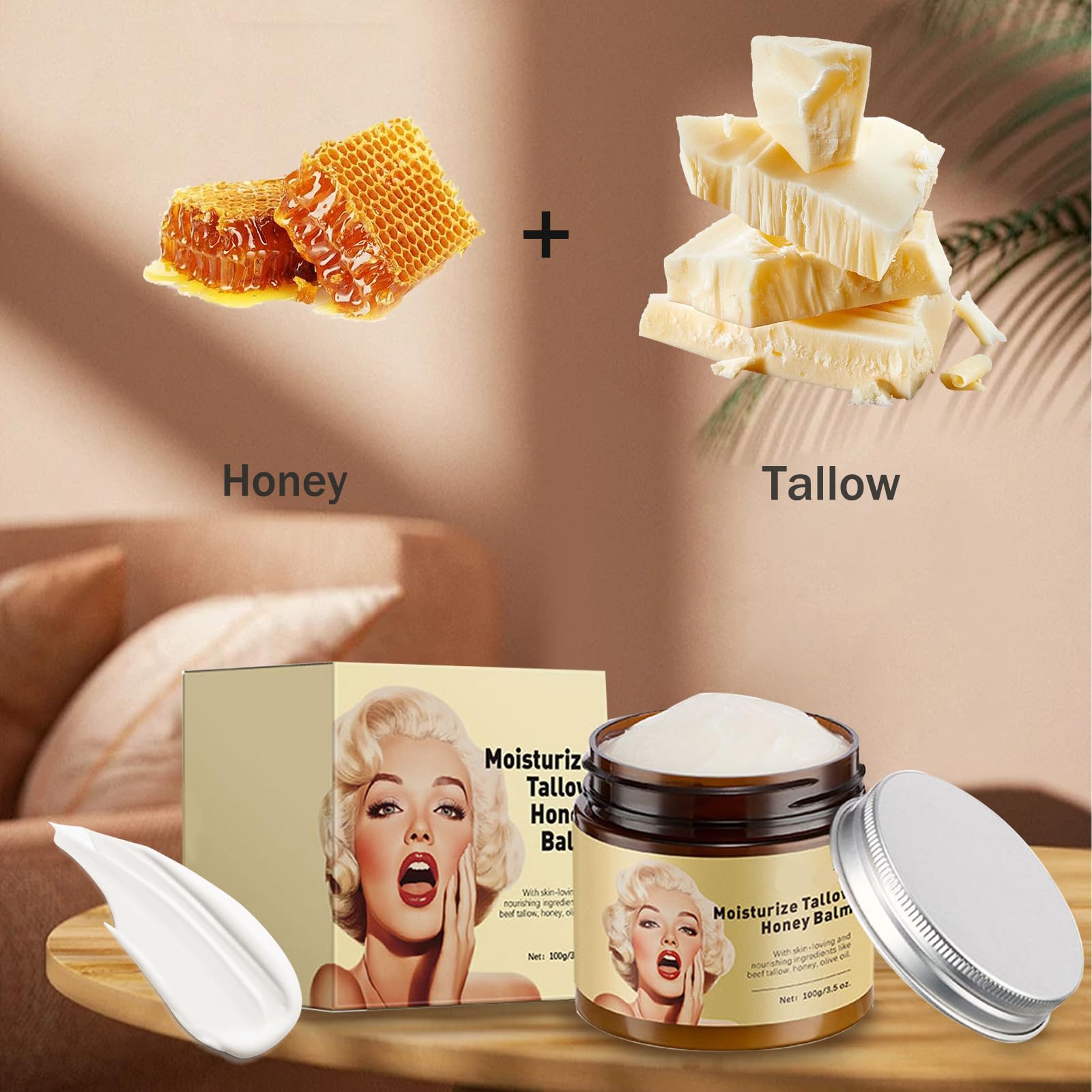Qawnfy Whipped Beef Tallow & Honey Balm — Grass-Fed Tallow Moisturizer (3.5oz)