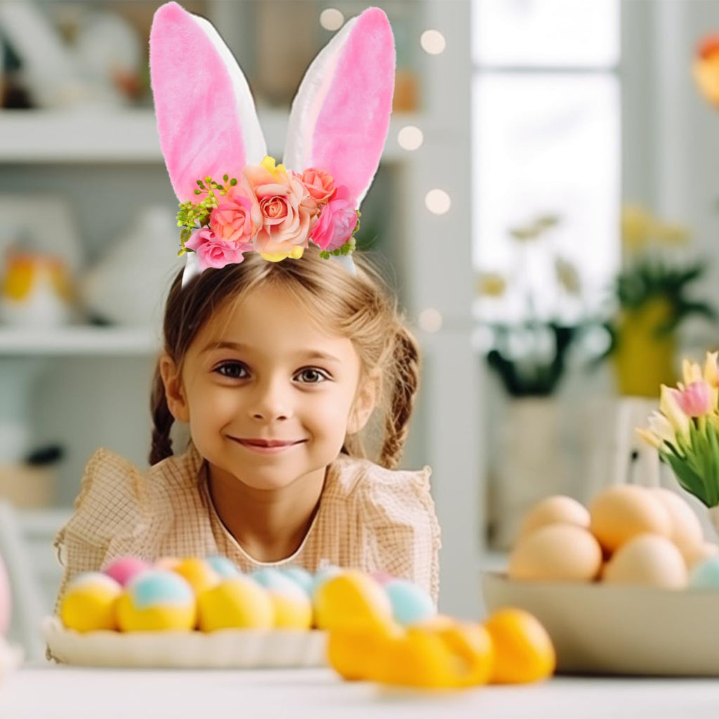 QDTK Easter Bunny Ears Headband – Floral Flower Crown for Easter & Parties