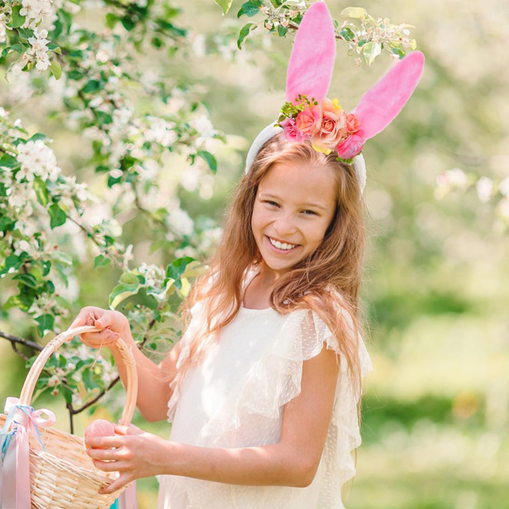 QDTK Easter Bunny Ears Headband – Floral Flower Crown for Easter & Parties