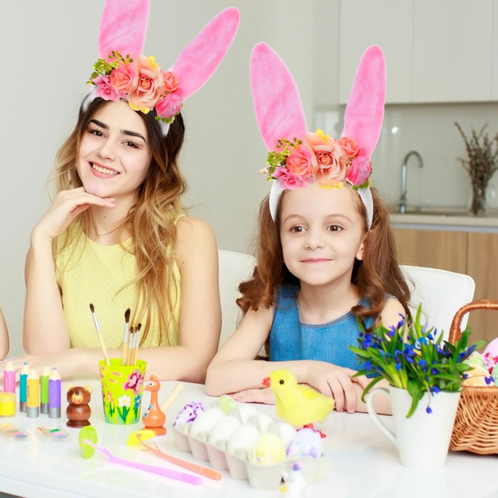 QDTK Easter Bunny Ears Headband – Floral Flower Crown for Easter & Parties