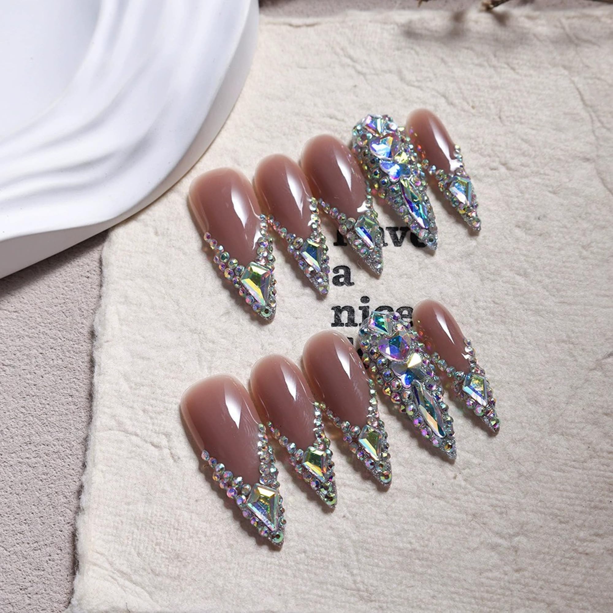 Qicaijia 10Pcs Handmade Press-on Nails - Rhinestone French Tip Long Stiletto (Size M)