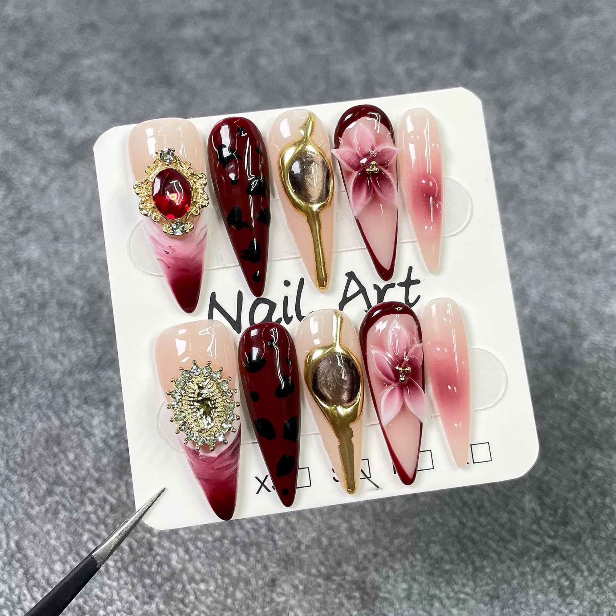 Qicaijia Handmade Press-On Nails Long Burgundy French Tips – 3D Floral, Cat Eye & Charms (10 Pcs, Size M)