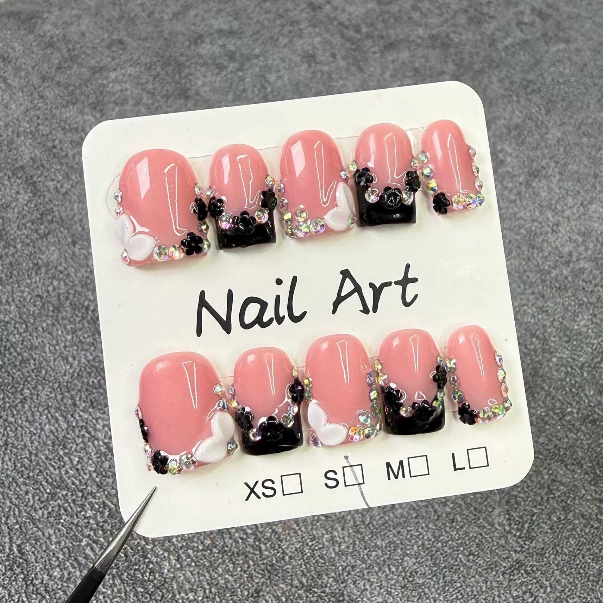 Qicaijia Handmade Press-On Nails – Short Square Black French Tip, 3D Floral Rhinestones (10pc, Size M)