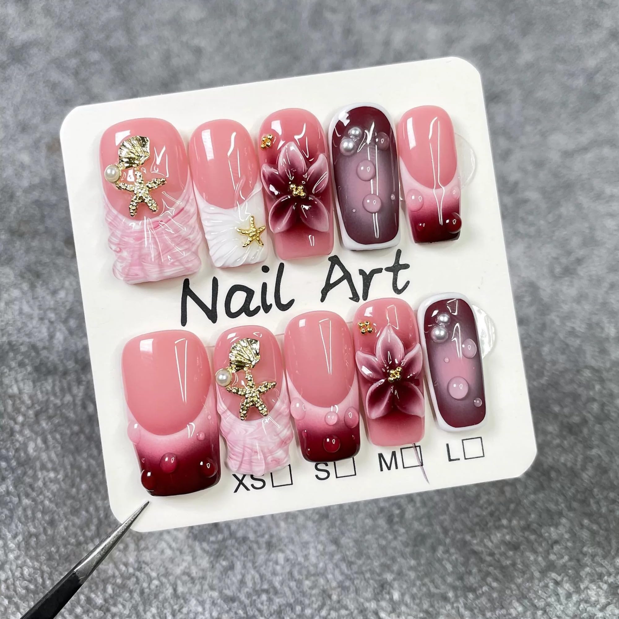 Qicaijia 10Pcs Square Press-On Nails – Medium, Handmade 3D Flower, Shell & Starfish Design