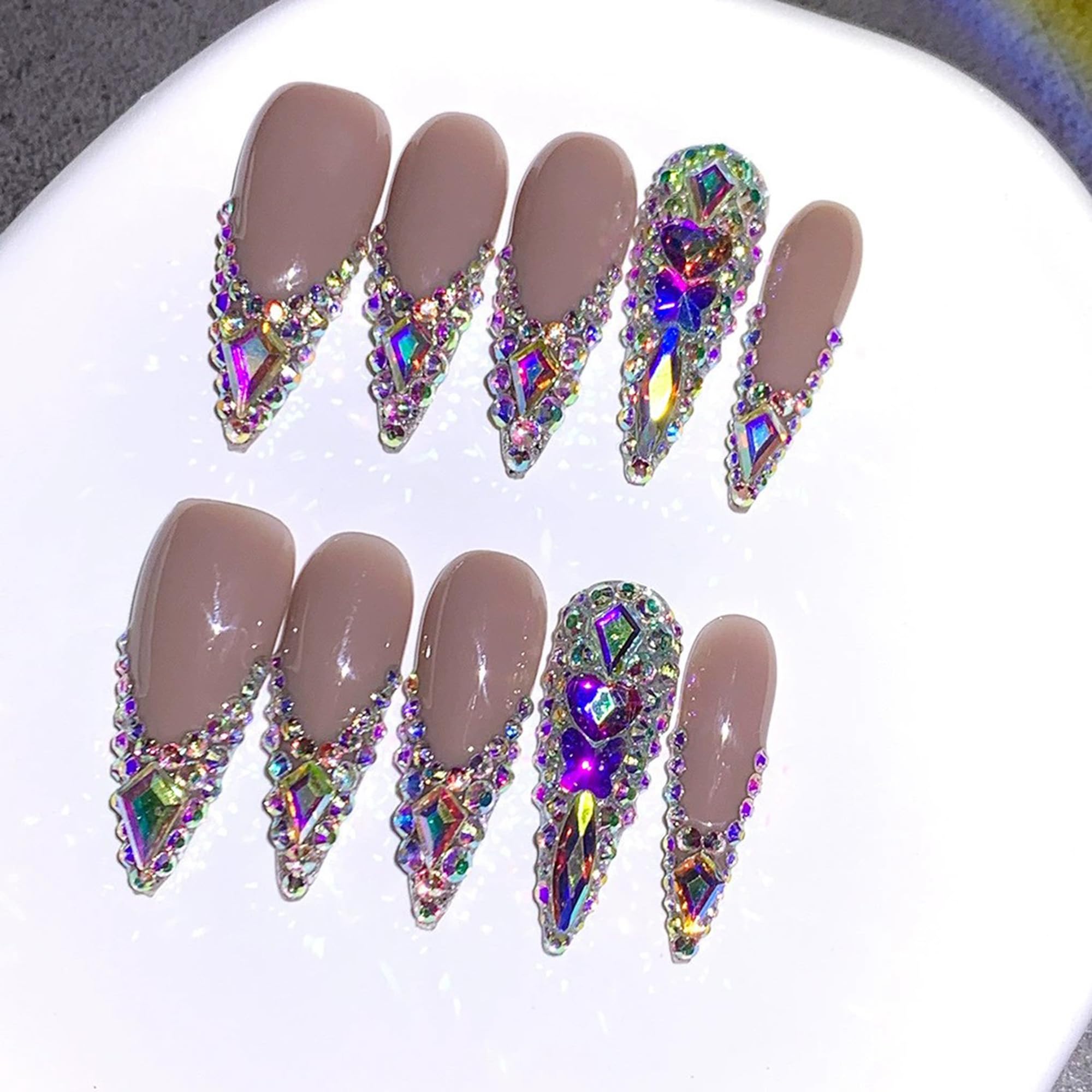Qicaijia 10Pcs Handmade Press-on Nails - Rhinestone French Tip Long Stiletto (Size M)