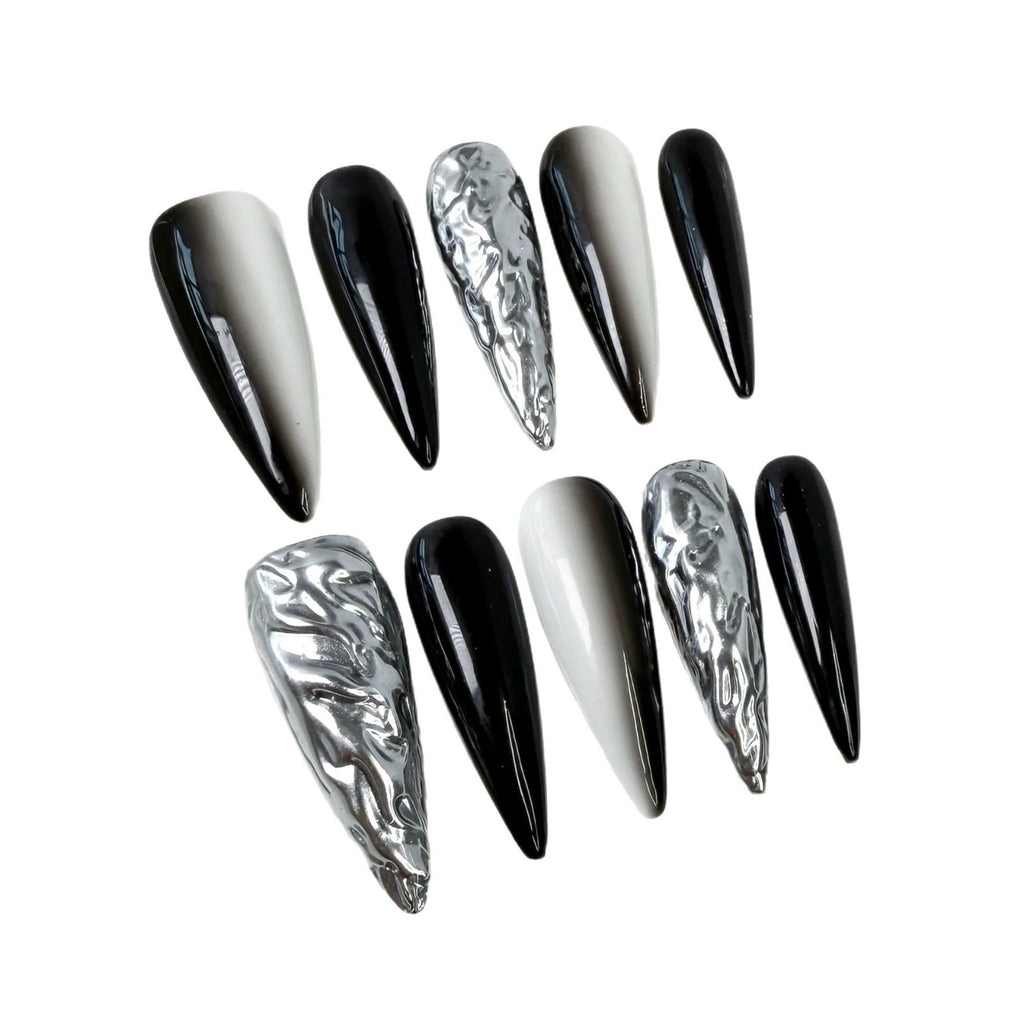 Qicaijia 10Pcs Handmade Long Stiletto Press-On Nails – Black White Ombre, 3D Swirl, Chrome Finish