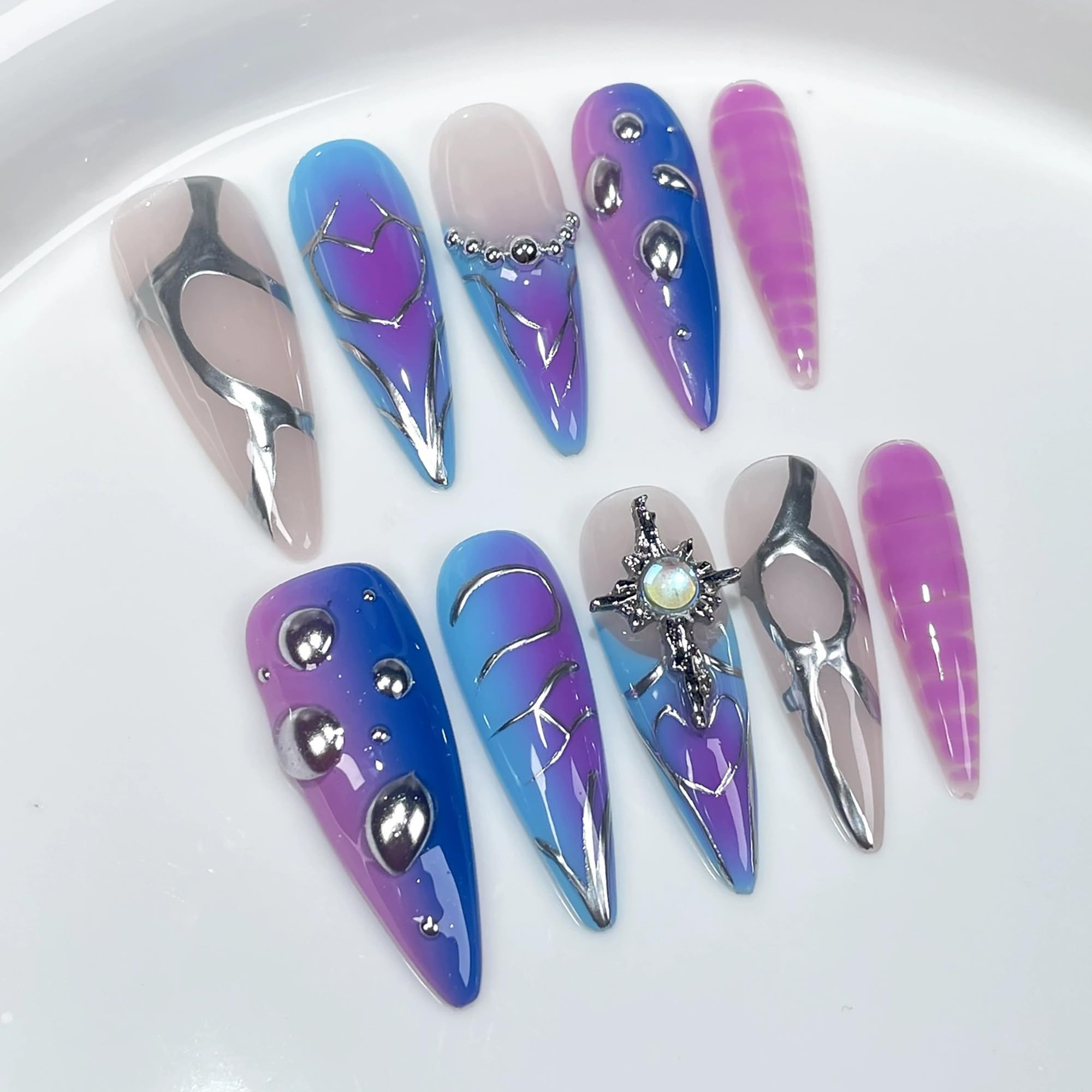 Qicaijia 10Pcs Blue Handmade Almond Press-On Nails – Ombre 3D Swirl Charms