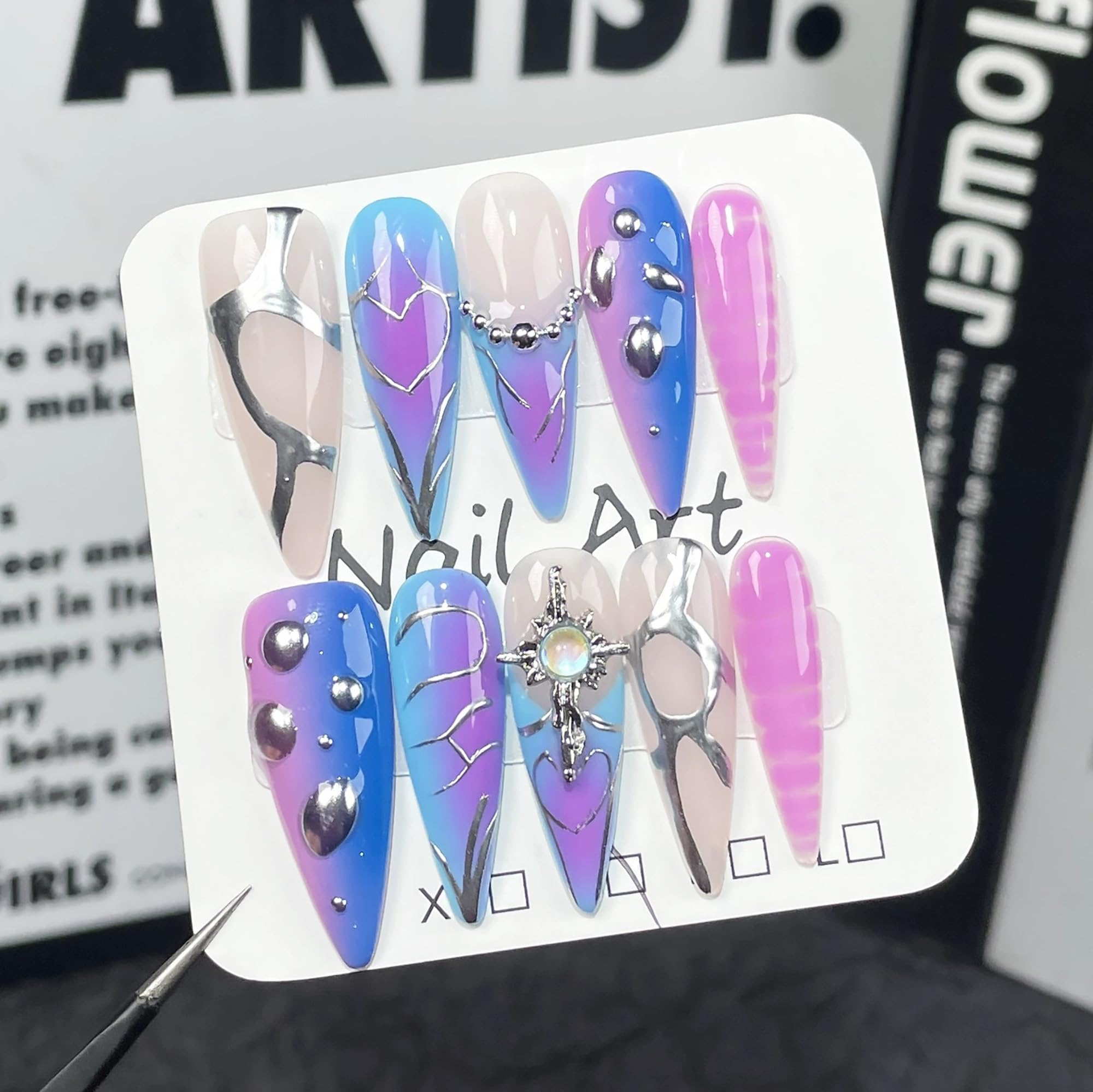 Qicaijia 10Pcs Blue Handmade Almond Press-On Nails – Ombre 3D Swirl Charms