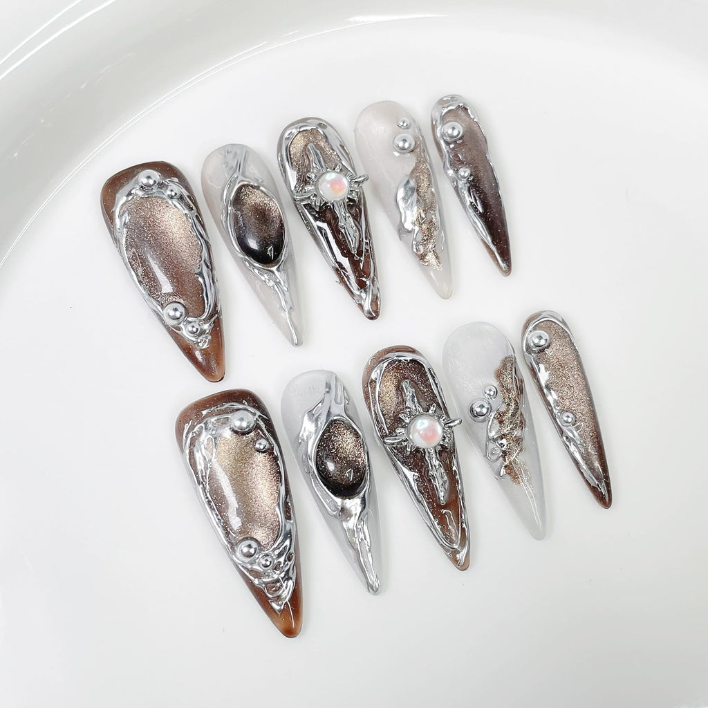 Qicaijia Handmade Long Press-On Nails — Brown Cat's Eye Full-Cover Glossy Almond Nails (10 Pcs, Size M)