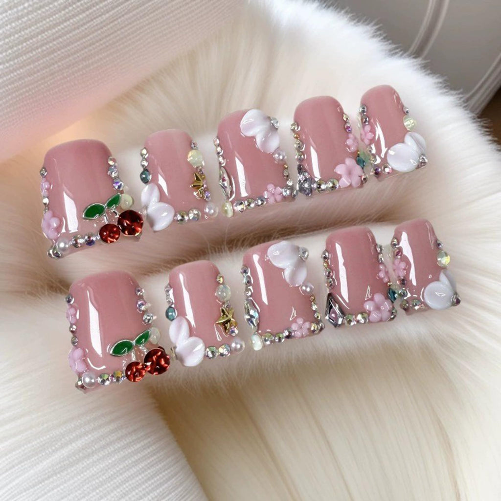 Qicaijia Pink Handmade Duck Nail Set – 10Pcs Press-On Nails with Glue and Sparkling Tips
