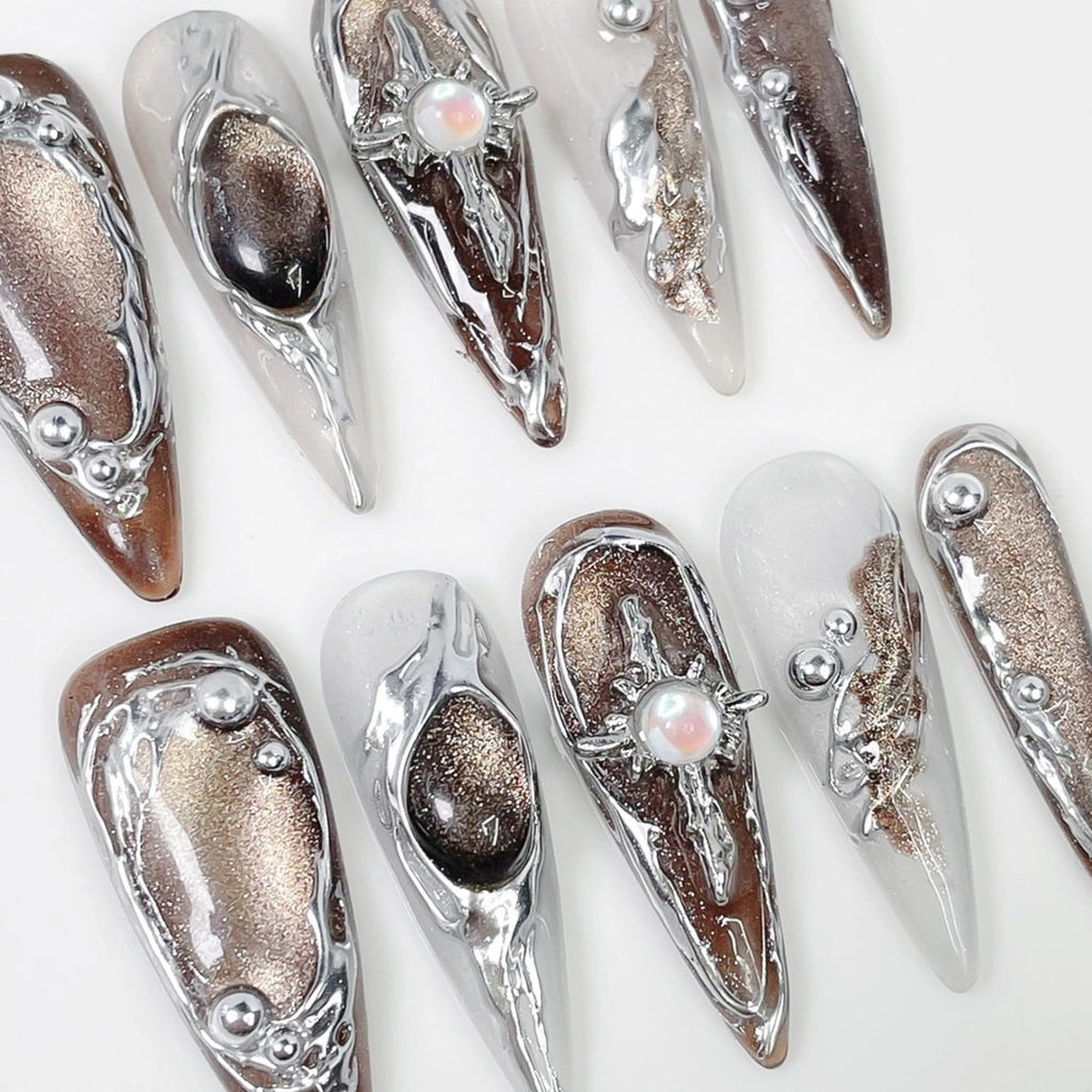 Qicaijia Handmade Long Press-On Nails — Brown Cat's Eye Full-Cover Glossy Almond Nails (10 Pcs, Size M)