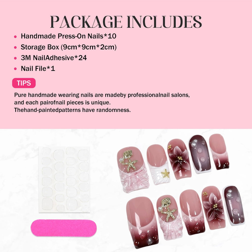 Qicaijia 10Pcs Square Press-On Nails – Medium, Handmade 3D Flower, Shell & Starfish Design