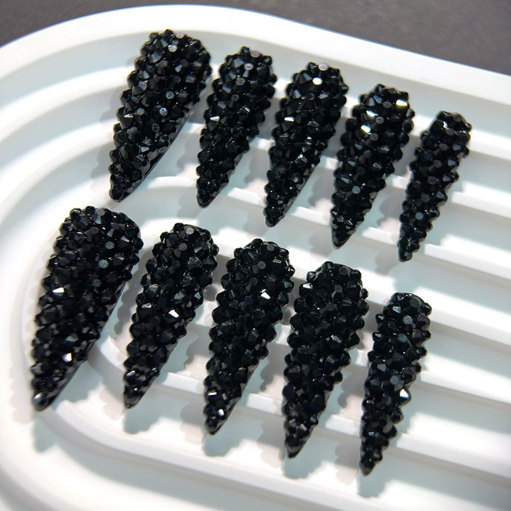 Qicaijia Almond Press On Nails – Long Black Rhinestones, Luxury Full Cover 3D Nail Art (10 Pcs, Size M)
