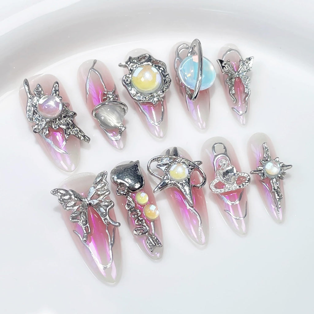 Qicaijia Handmade Press On Nails – Long Almond, 3D Metallic Butterfly, Pink Ombre (10Pcs, Size M)