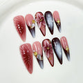 Qicaijia Handmade Press-On Nails — Long Almond, 3D Flower Art, Ombre French Tip (10Pcs, Size M)