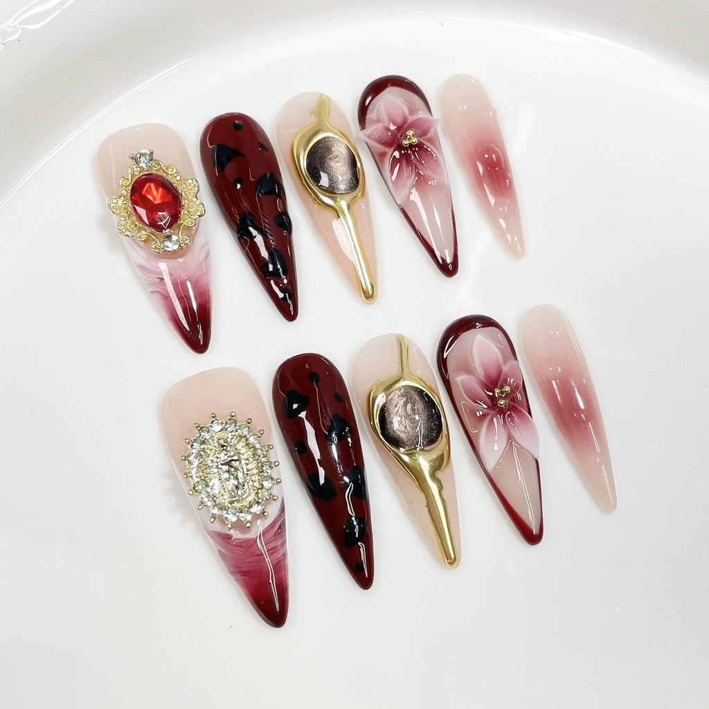 Qicaijia Handmade Press-On Nails Long Burgundy French Tips – 3D Floral, Cat Eye & Charms (10 Pcs, Size M)