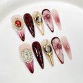 Qicaijia Handmade Press-On Nails Long Burgundy French Tips – 3D Floral, Cat Eye & Charms (10 Pcs, Size M)