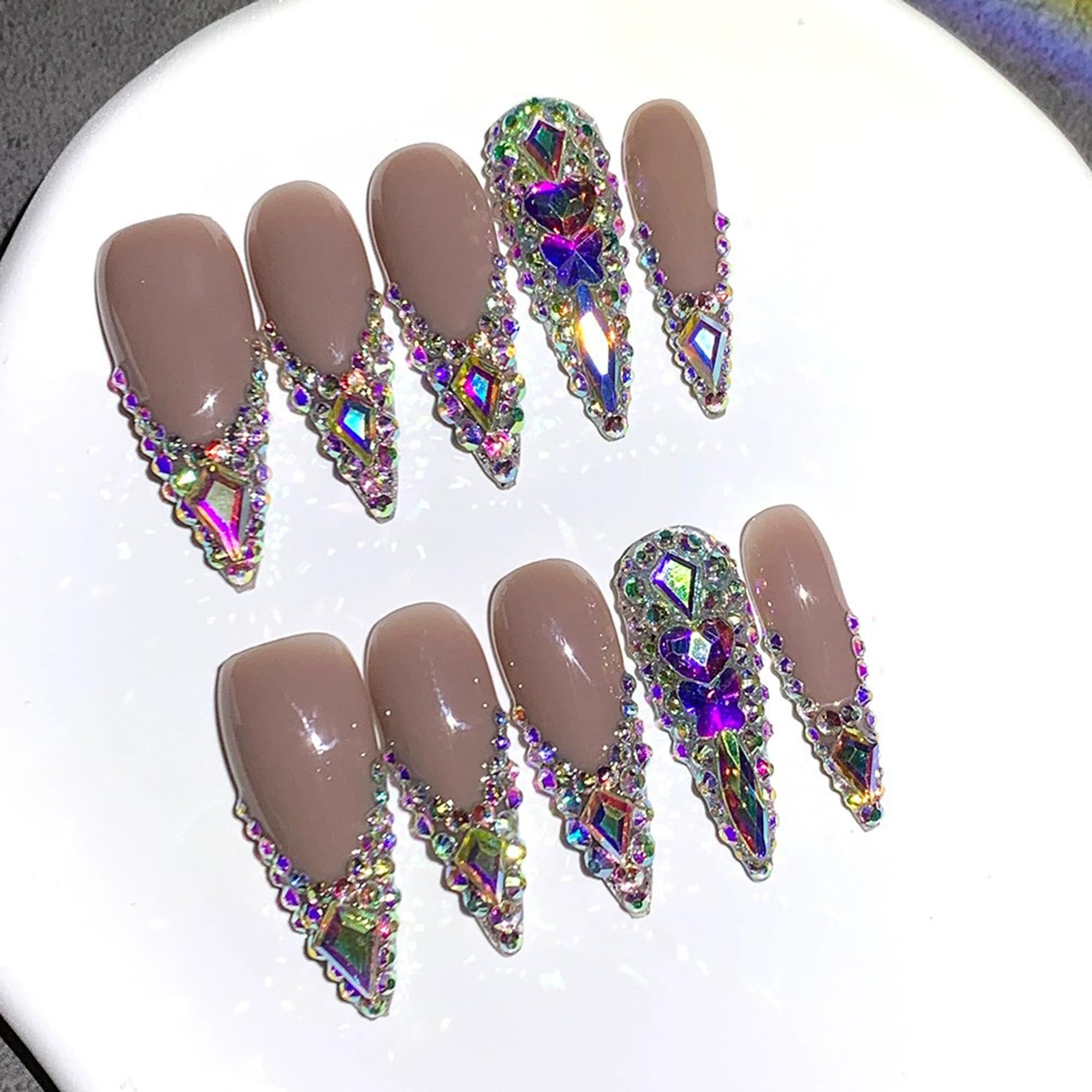 Qicaijia 10Pcs Handmade Press-on Nails - Rhinestone French Tip Long Stiletto (Size M)