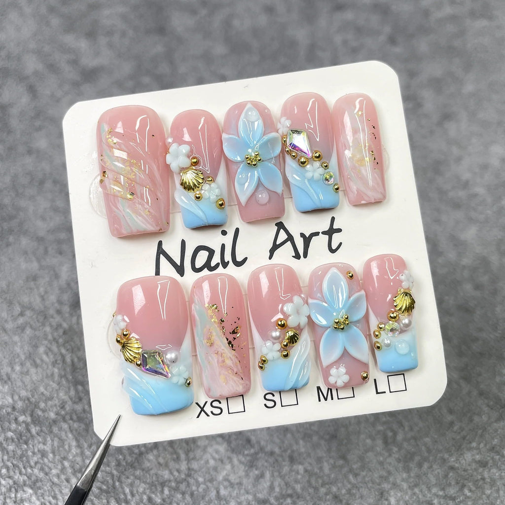 Qicaijia 10Pcs Handmade Press-On Nails – Medium Square, 3D Flower Art, Light Blue French Tips