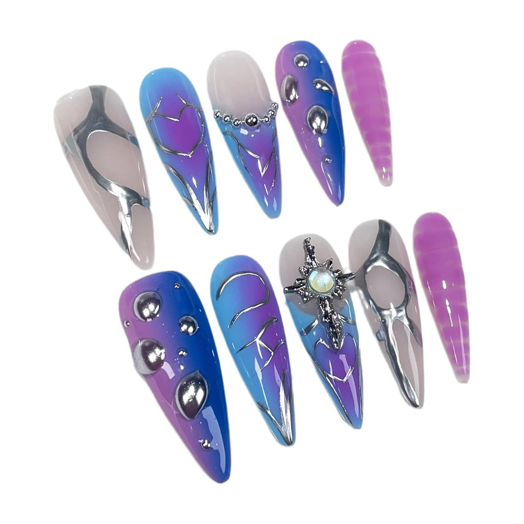 Qicaijia 10Pcs Blue Handmade Almond Press-On Nails – Ombre 3D Swirl Charms