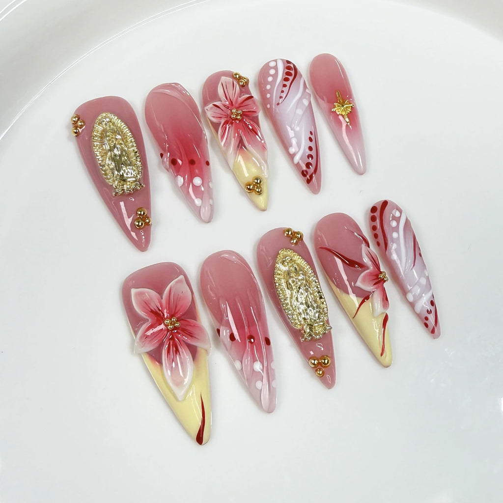 Qicaijia Long Press On Nails – Almond Design, 3D Flower French Tip, Glue-On, 10Pcs (Size M)