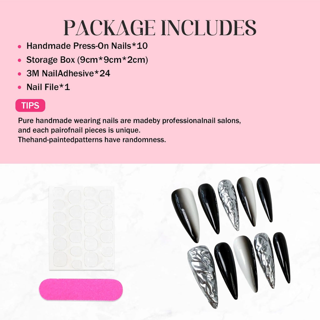 Qicaijia 10Pcs Handmade Long Stiletto Press-On Nails – Black White Ombre, 3D Swirl, Chrome Finish