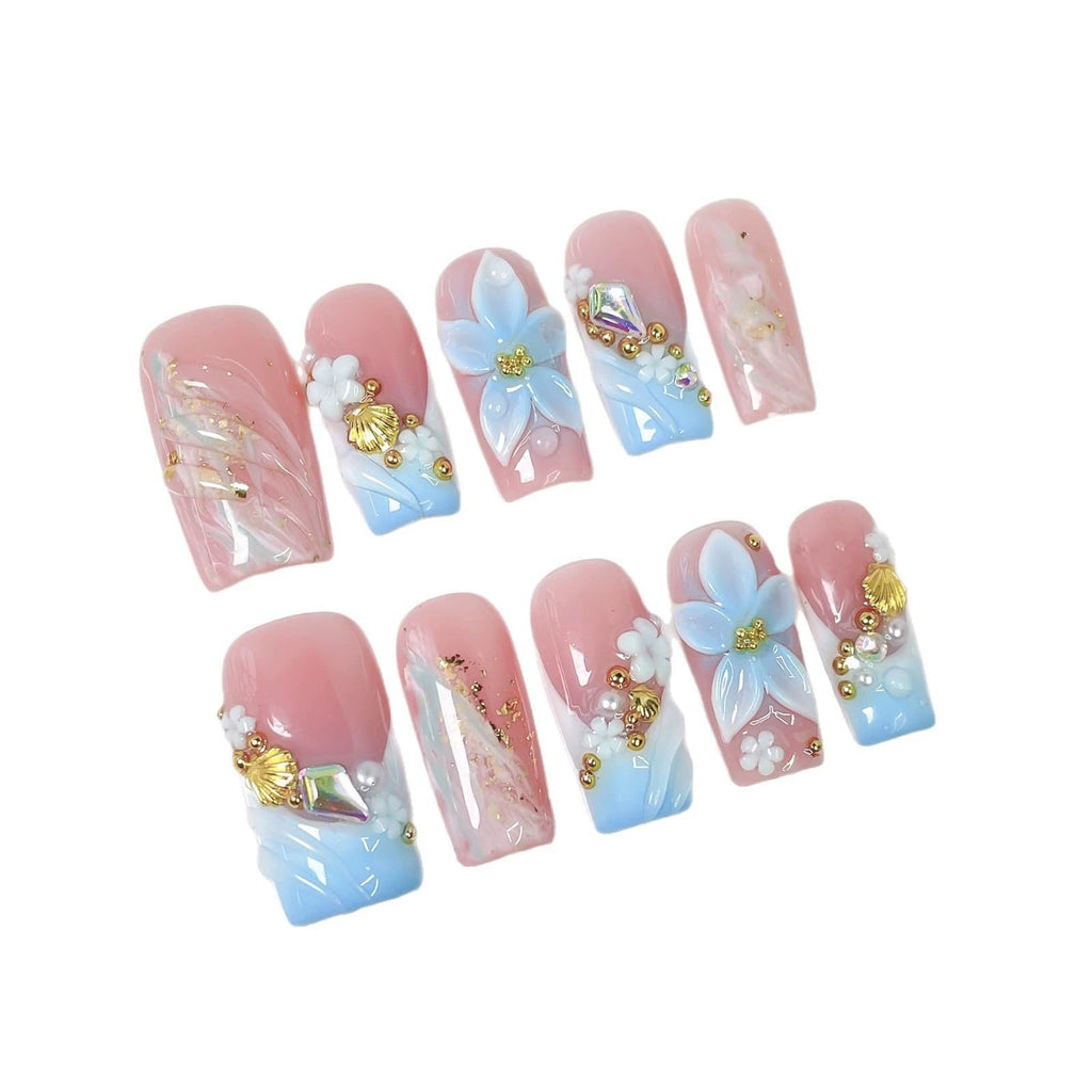 Qicaijia 10Pcs Handmade Press-On Nails – Medium Square, 3D Flower Art, Light Blue French Tips
