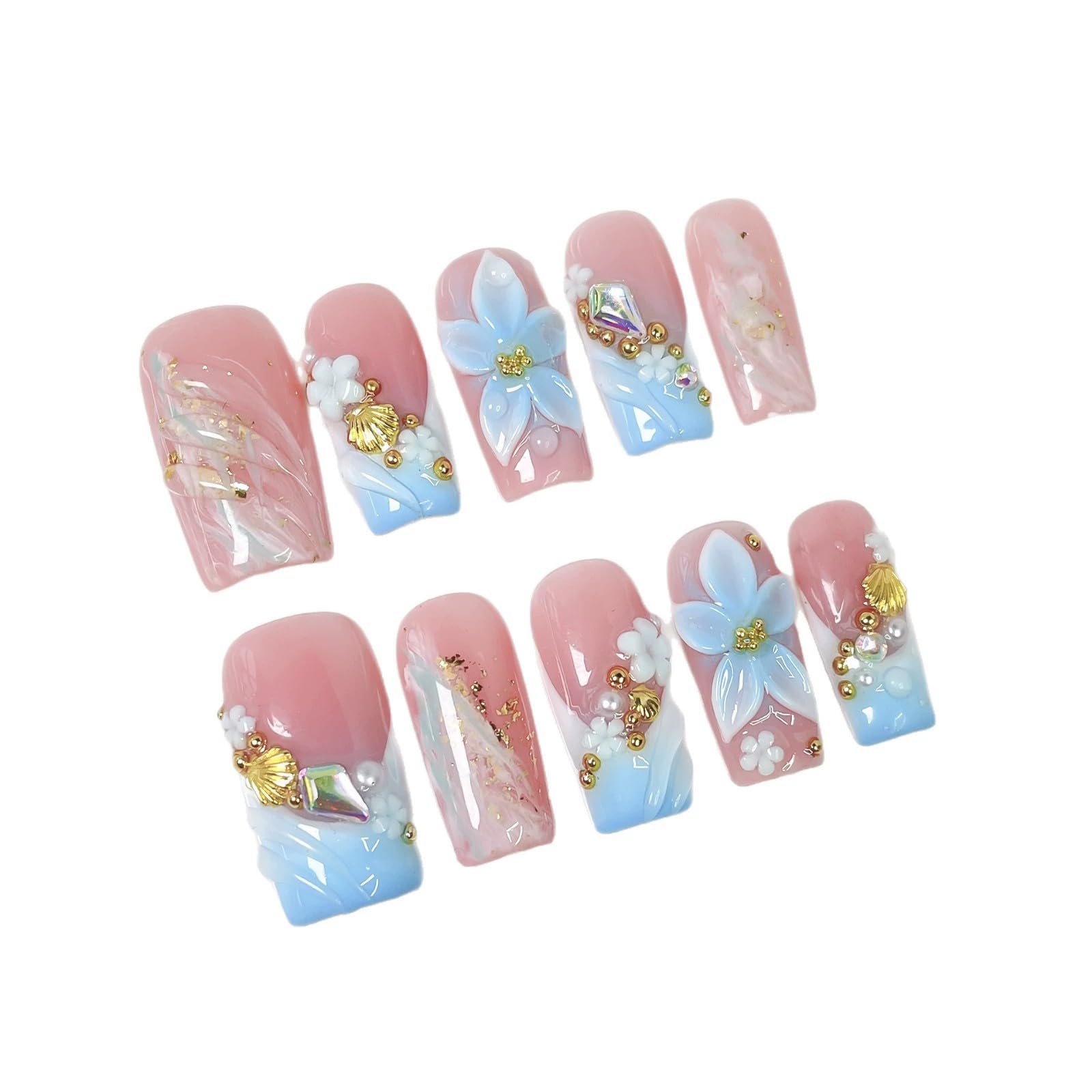 Qicaijia 10Pcs Handmade Press-On Nails – Medium Square, 3D Flower Art, Light Blue French Tips