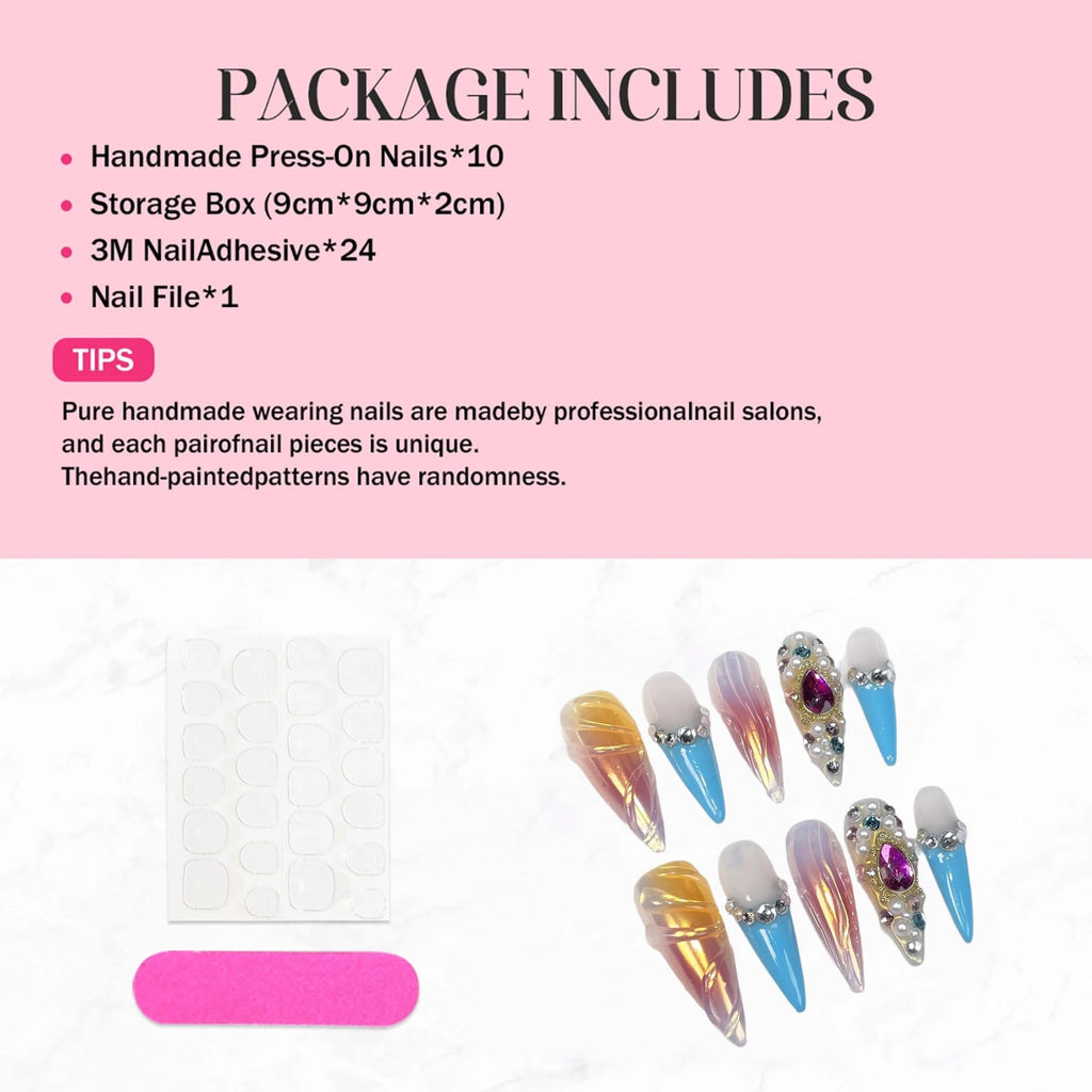 Qicaijia Luxury Handmade Press On Nails – Long Stiletto Ombre with 3D Rhinestones (10 Pcs, Size M)