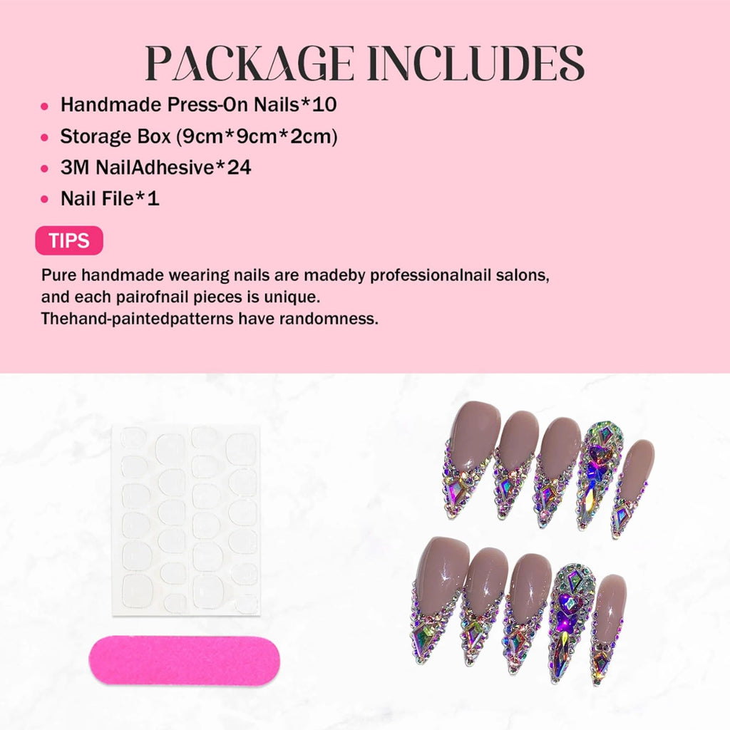 Qicaijia 10Pcs Handmade Press-on Nails - Rhinestone French Tip Long Stiletto (Size M)