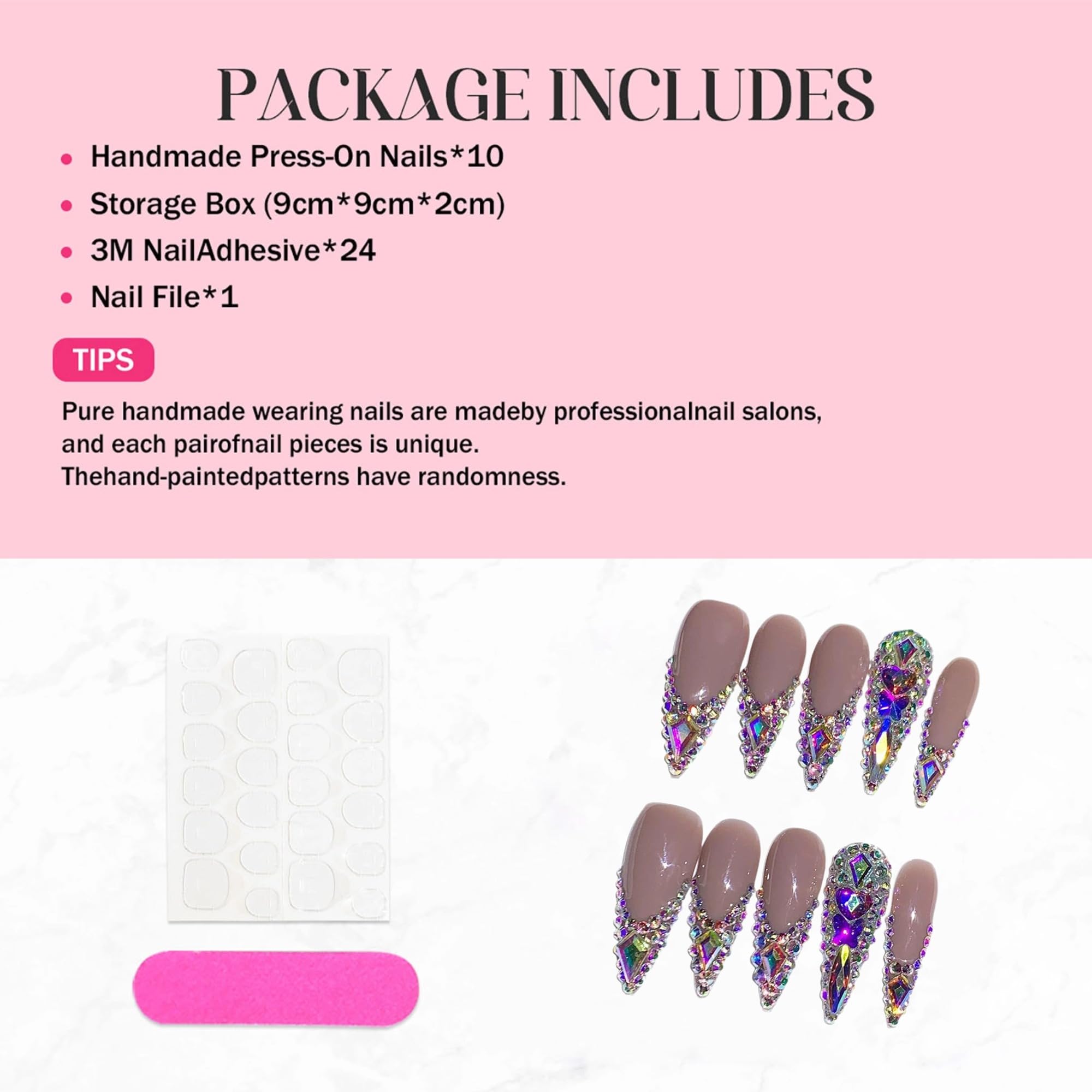 Qicaijia 10Pcs Handmade Press-on Nails - Rhinestone French Tip Long Stiletto (Size M)